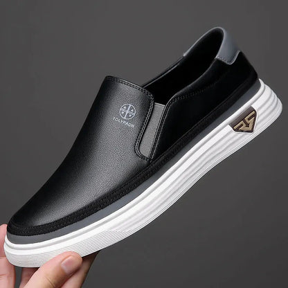 New 2025 Men's Genuine Leather Casual Sneakers Spring Summer Fashion Slip-On White Shoes Soft Sole Comfortable for Everyday Wear Blue Wolf Store black 39 