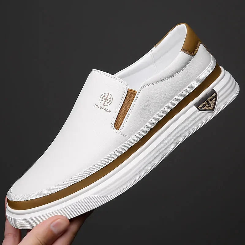 New 2025 Men's Genuine Leather Casual Sneakers Spring Summer Fashion Slip-On White Shoes Soft Sole Comfortable for Everyday Wear Blue Wolf Store white 43 