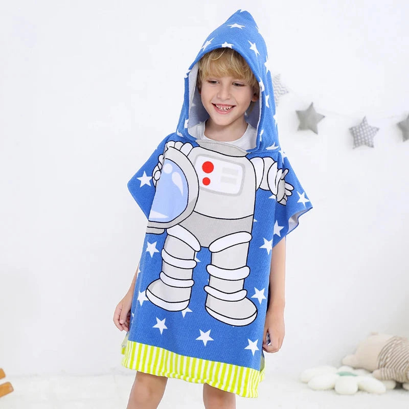 New Childrens Bath Towel Cartoon Print Cape Hooded Beach Bathrobe Soft Breathable Absorbent Quickdrying Bath Towel Robe Blue Wolf Store Astronaut 60X120CM 