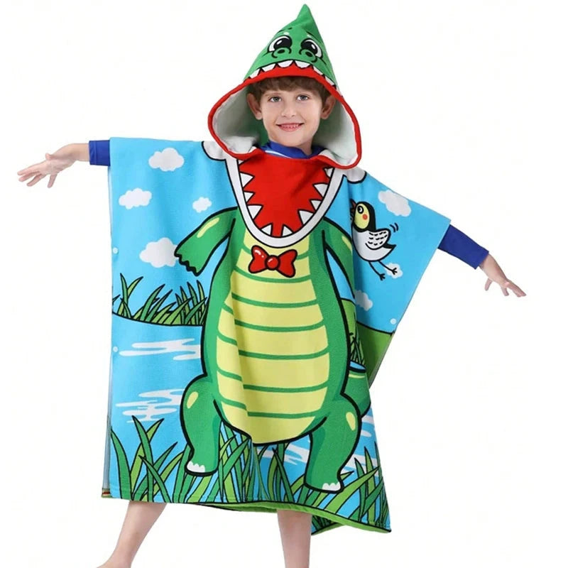 New Childrens Bath Towel Cartoon Print Cape Hooded Beach Bathrobe Soft Breathable Absorbent Quickdrying Bath Towel Robe Blue Wolf Store Crocodile 60X120CM 