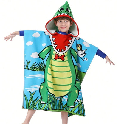 New Childrens Bath Towel Cartoon Print Cape Hooded Beach Bathrobe Soft Breathable Absorbent Quickdrying Bath Towel Robe Blue Wolf Store Crocodile 60X120CM 