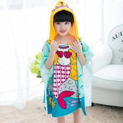 New Childrens Bath Towel Cartoon Print Cape Hooded Beach Bathrobe Soft Breathable Absorbent Quickdrying Bath Towel Robe Blue Wolf Store Mermaid 60X120CM 