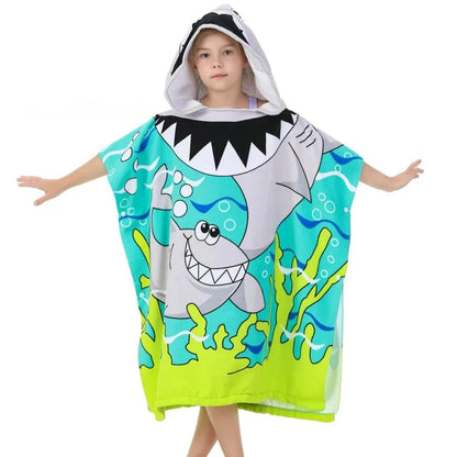 New Childrens Bath Towel Cartoon Print Cape Hooded Beach Bathrobe Soft Breathable Absorbent Quickdrying Bath Towel Robe Blue Wolf Store Shark 60X120CM 