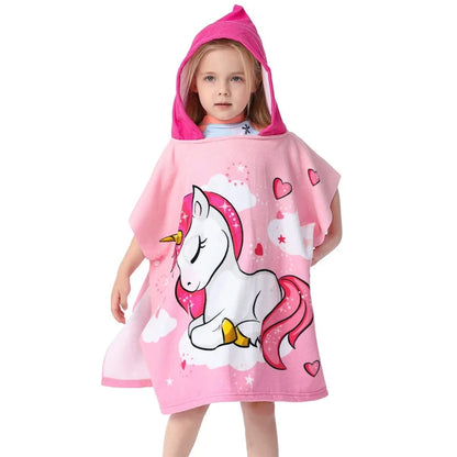 New Childrens Bath Towel Cartoon Print Cape Hooded Beach Bathrobe Soft Breathable Absorbent Quickdrying Bath Towel Robe Blue Wolf Store Unicorn 60X120CM 