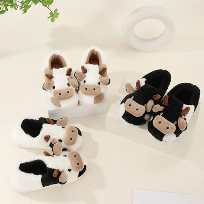 New Winter Unisex Cartoon Cow Warm Plush Slippers Couple's Indoor Non-slip House Slides Men And Women Toe Wrap Home Cotton Shoes Blue Wolf Store 