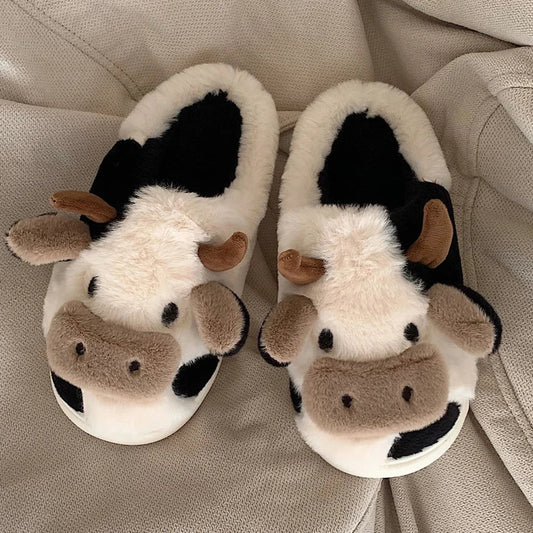 New Winter Unisex Cartoon Cow Warm Plush Slippers Couple's Indoor Non-slip House Slides Men And Women Toe Wrap Home Cotton Shoes Blue Wolf Store 