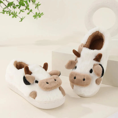 New Winter Unisex Cartoon Cow Warm Plush Slippers Couple's Indoor Non-slip House Slides Men And Women Toe Wrap Home Cotton Shoes Blue Wolf Store 