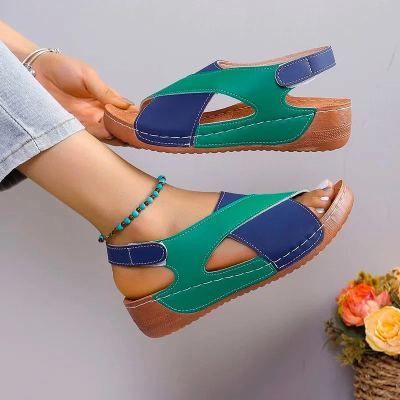 New Women's Contrast Color Wedge Sandals Summer Peep Toe Non Slip Beach Shoes Woman Comfortable Platform Roman Sandalias Mujer Blue Wolf Store 
