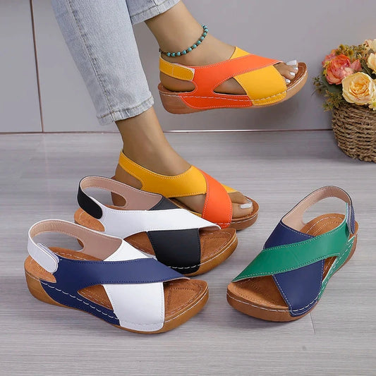 New Women's Contrast Color Wedge Sandals Summer Peep Toe Non Slip Beach Shoes Woman Comfortable Platform Roman Sandalias Mujer Blue Wolf Store 