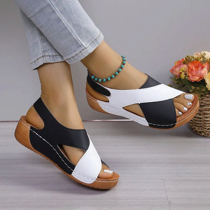 New Women's Contrast Color Wedge Sandals Summer Peep Toe Non Slip Beach Shoes Woman Comfortable Platform Roman Sandalias Mujer Blue Wolf Store White and Black 36 