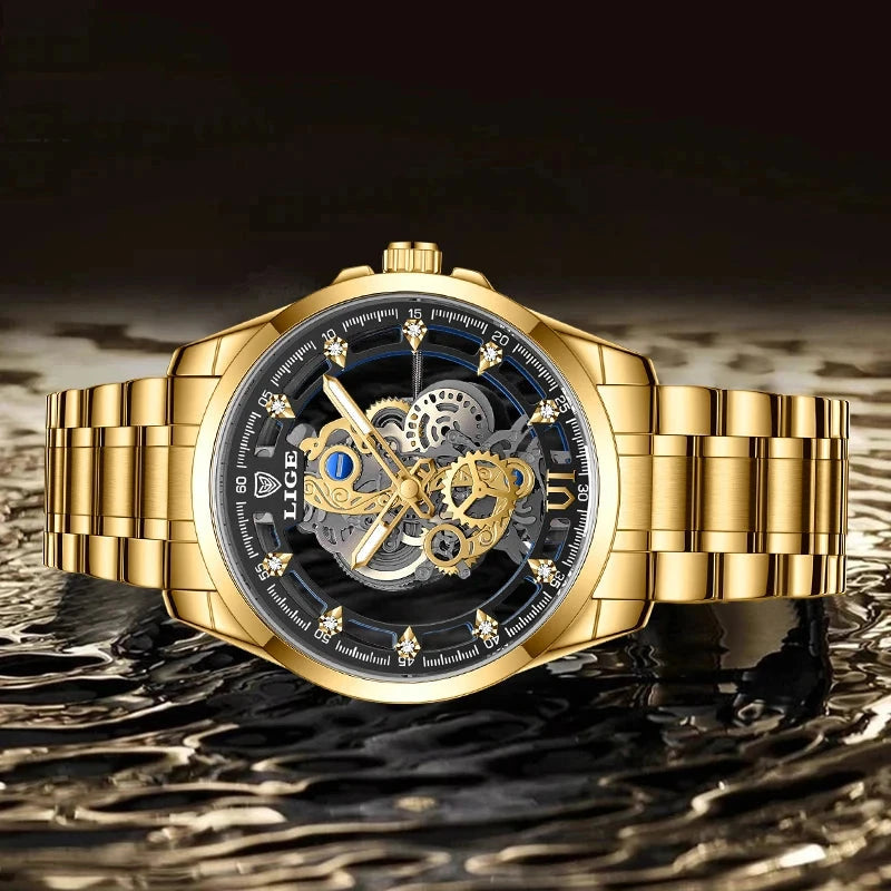 Original LIGE Men Watch Gold Stainless Steel Hollow Skeleton Quartz Watches for Men Fashion Military Waterproof Men Wristwatch Blue Wolf Store 
