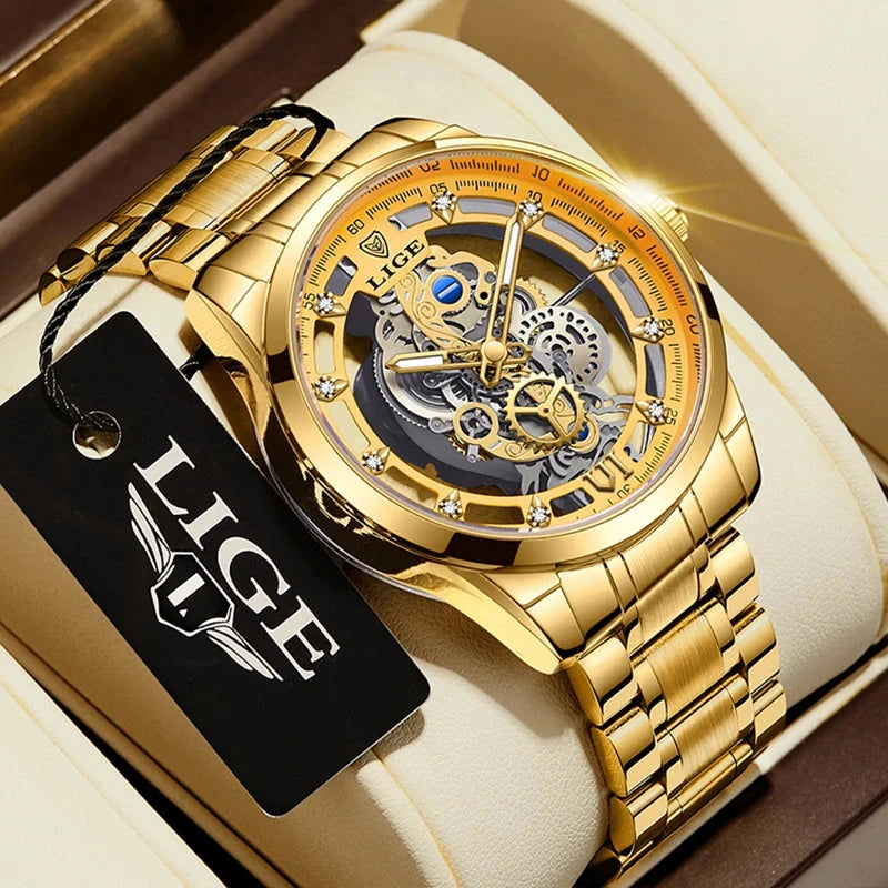 Original LIGE Men Watch Gold Stainless Steel Hollow Skeleton Quartz Watches for Men Fashion Military Waterproof Men Wristwatch Blue Wolf Store all gold 