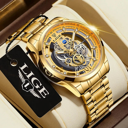 Original LIGE Men Watch Gold Stainless Steel Hollow Skeleton Quartz Watches for Men Fashion Military Waterproof Men Wristwatch Blue Wolf Store all gold 