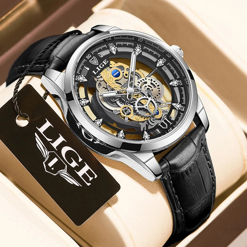 Original LIGE Men Watch Gold Stainless Steel Hollow Skeleton Quartz Watches for Men Fashion Military Waterproof Men Wristwatch Blue Wolf Store leather silver black 