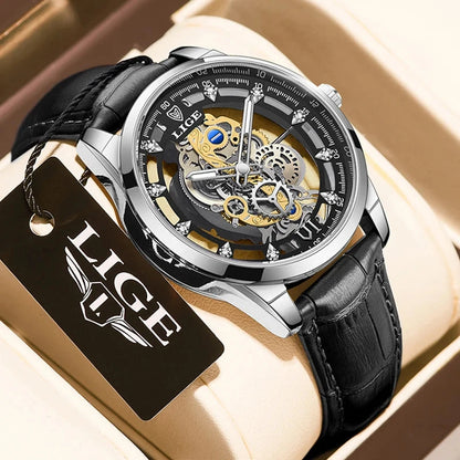 Original LIGE Men Watch Gold Stainless Steel Hollow Skeleton Quartz Watches for Men Fashion Military Waterproof Men Wristwatch Blue Wolf Store leather silver black 