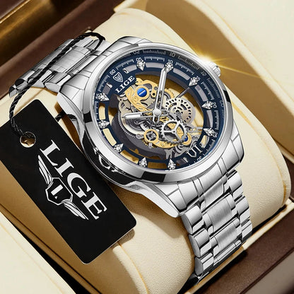 Original LIGE Men Watch Gold Stainless Steel Hollow Skeleton Quartz Watches for Men Fashion Military Waterproof Men Wristwatch Blue Wolf Store silver blue 
