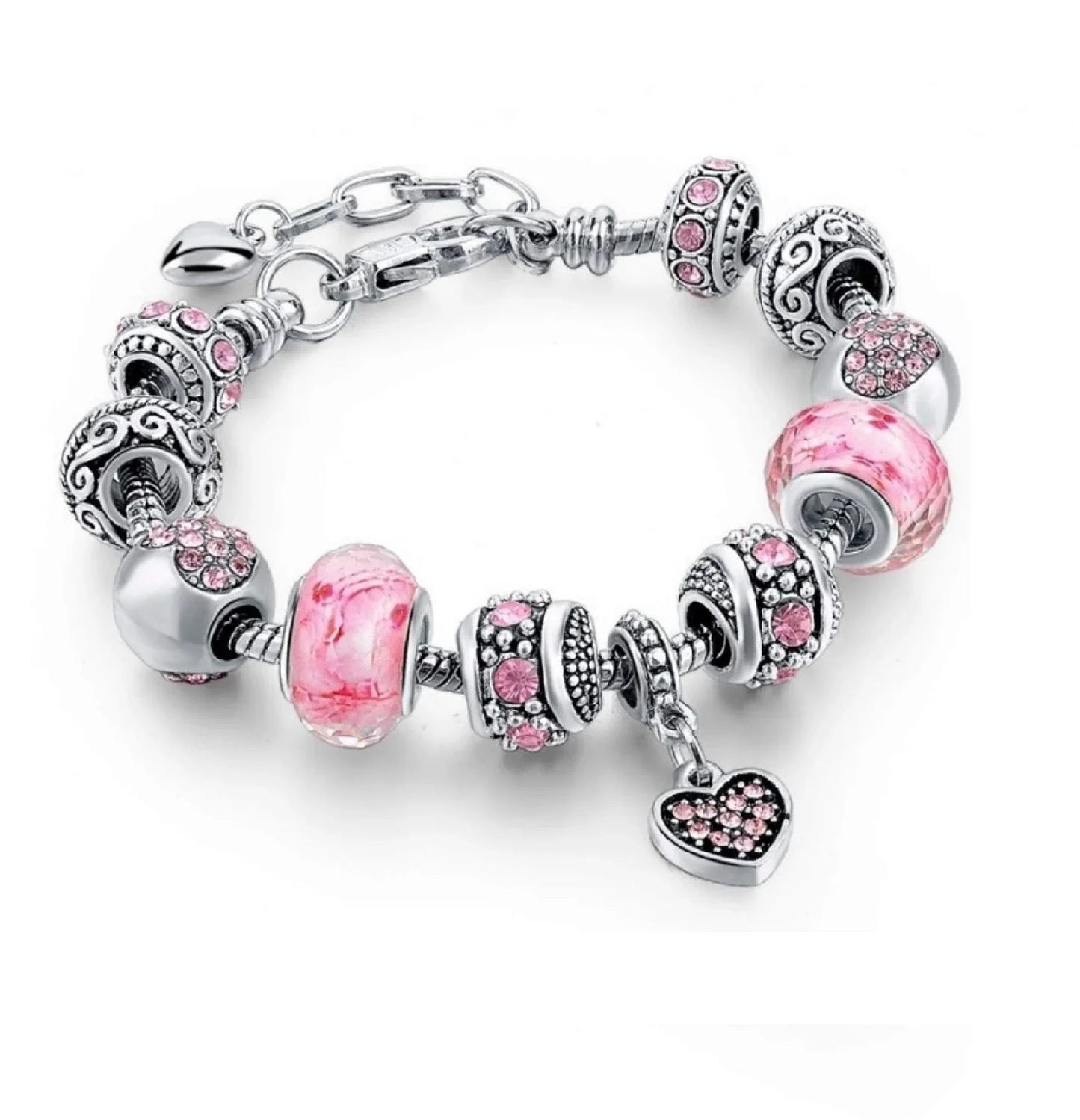 Pink Hearts Silver Plated Charm Bracelet Set Pink Hearts Silver Plated Charm Bracelet Set Blue Wolf Store 18cm 