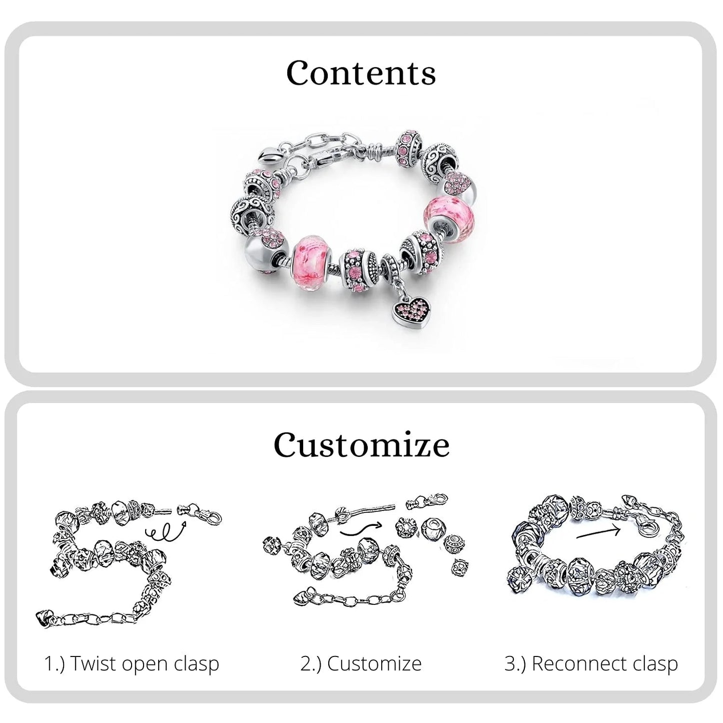 Pink Hearts Silver Plated Charm Bracelet Set Pink Hearts Silver Plated Charm Bracelet Set Blue Wolf Store 