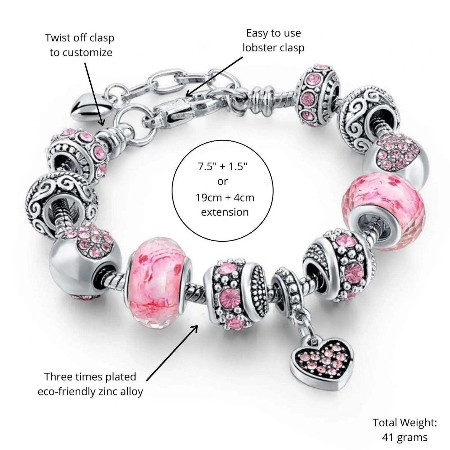 Pink Hearts Silver Plated Charm Bracelet Set Pink Hearts Silver Plated Charm Bracelet Set Blue Wolf Store 