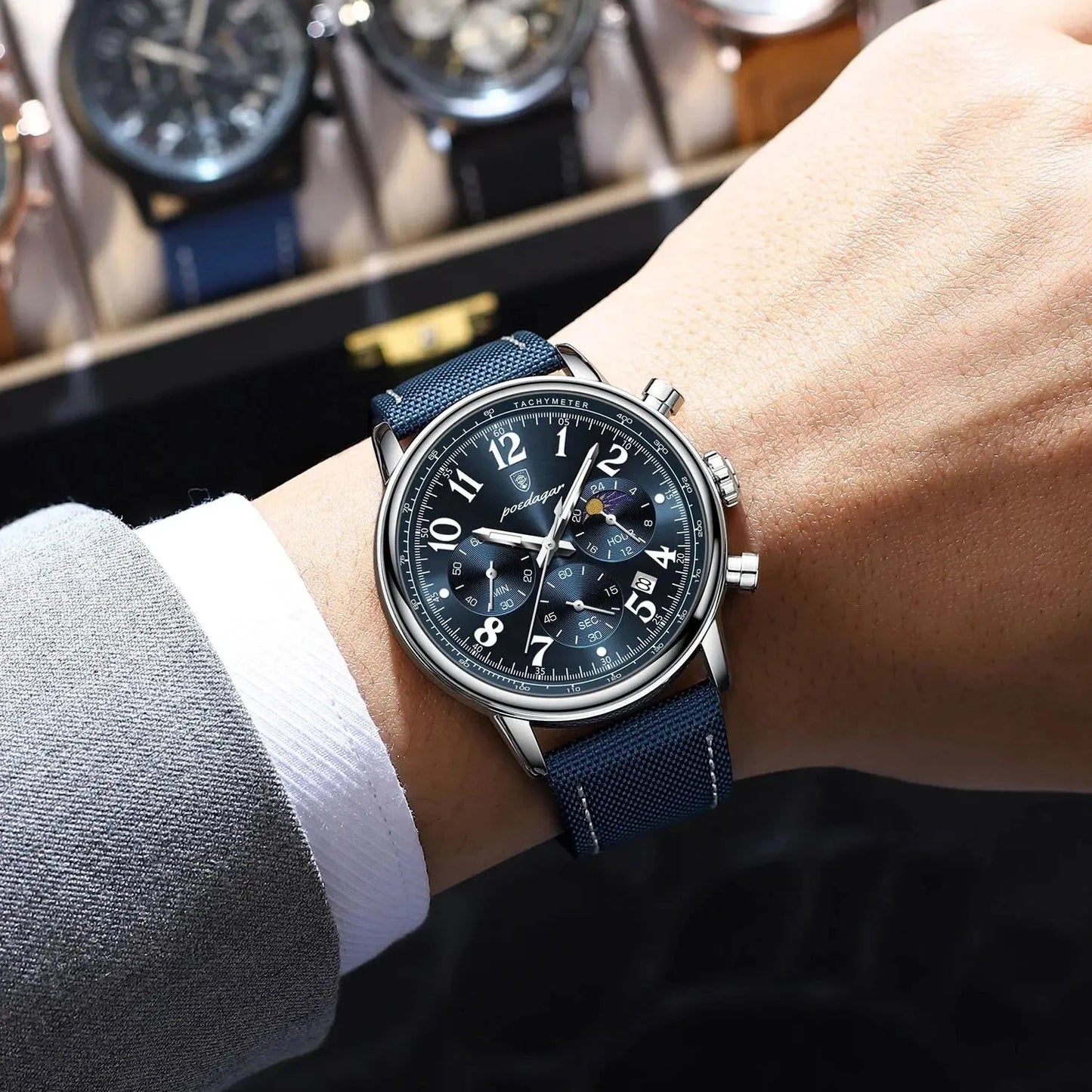 POEDAGAR Luxury Sports Military Men Watch Waterproof Luminous Chronograph Nylon Leather Date Man Wristwatch Quartz Men's Watches Blue Wolf Store 