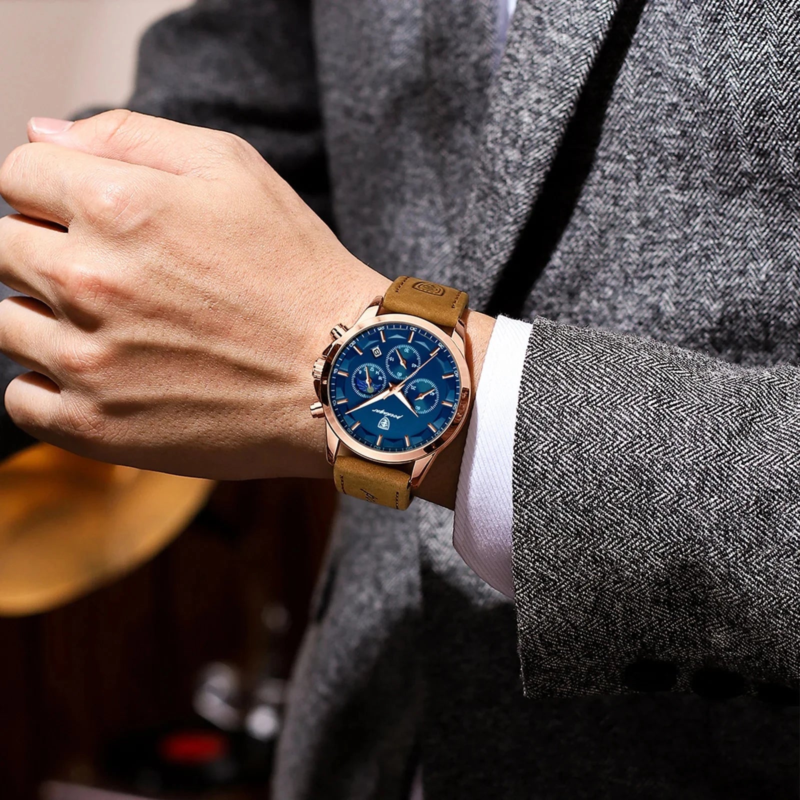 POEDAGAR Men Quartz Watch Luxury Sports Waterproof Chronograph Luminous Date Man Wristwatch Business Leather Men's Watches Clock Blue Wolf Store 