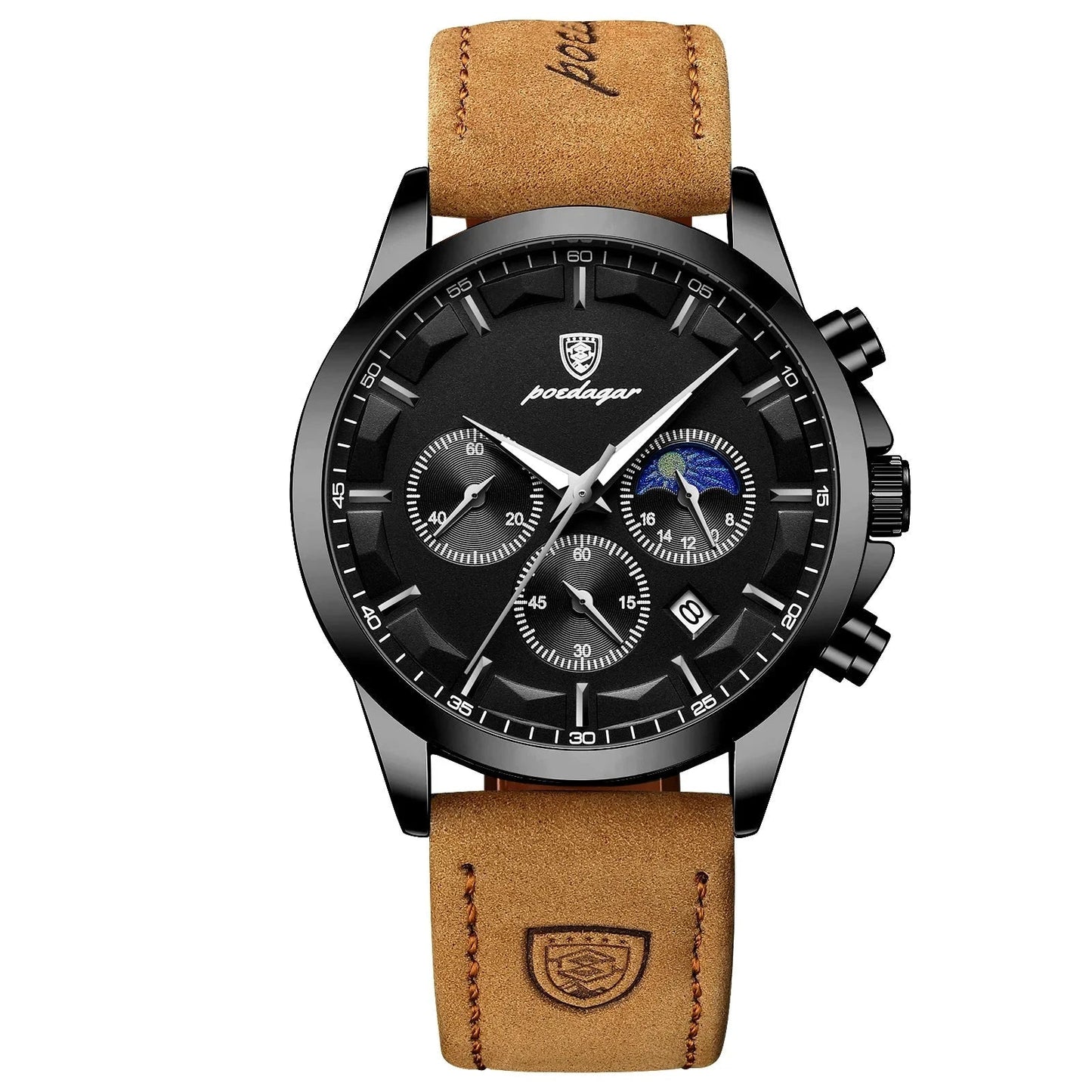 POEDAGAR Men Quartz Watch Luxury Sports Waterproof Chronograph Luminous Date Man Wristwatch Business Leather Men's Watches Clock Blue Wolf Store Black Black L CN 