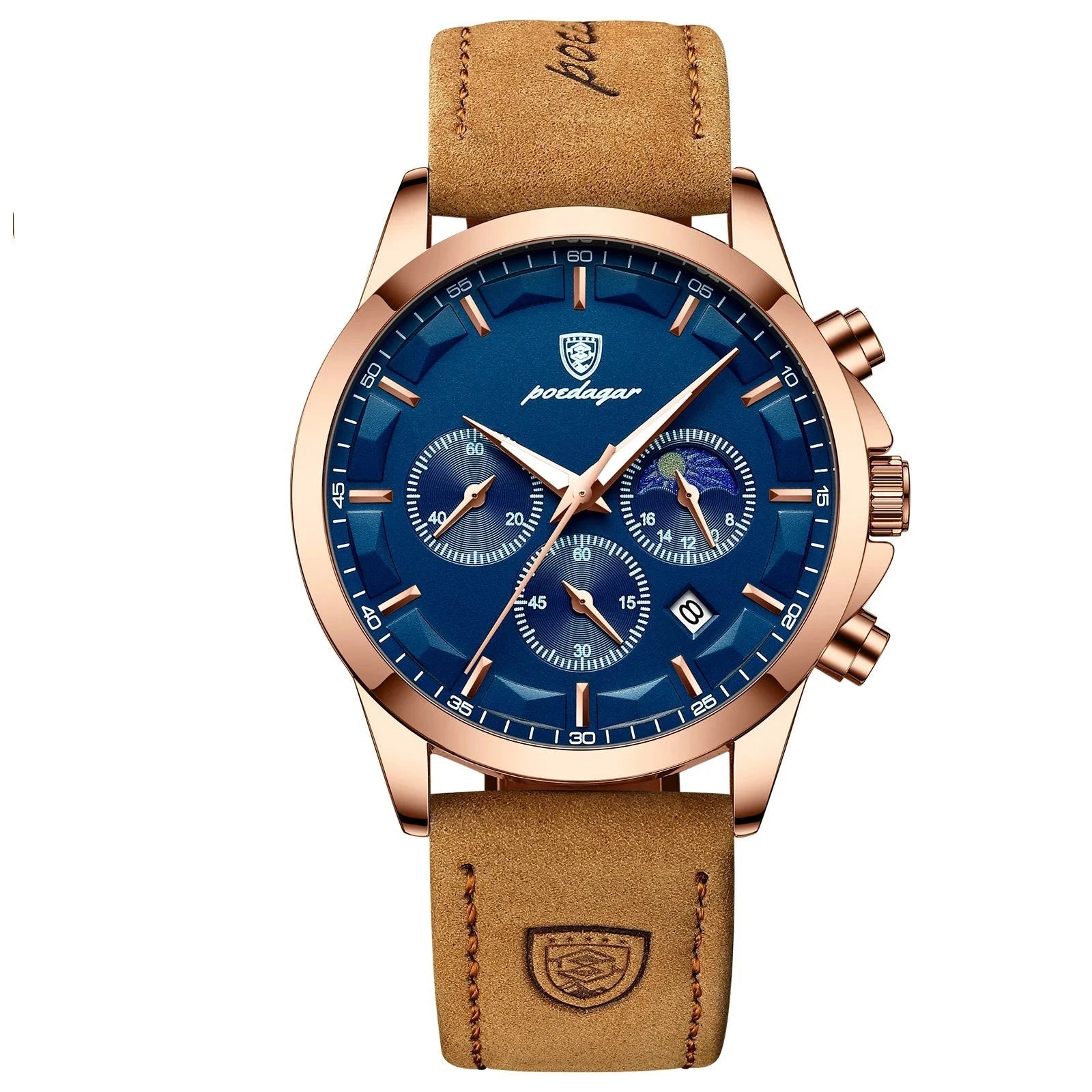 POEDAGAR Men Quartz Watch Luxury Sports Waterproof Chronograph Luminous Date Man Wristwatch Business Leather Men's Watches Clock Blue Wolf Store Rose Gold Blue L CN 