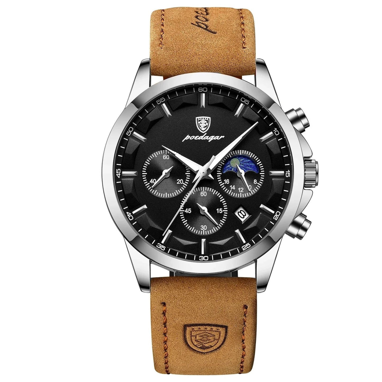 POEDAGAR Men Quartz Watch Luxury Sports Waterproof Chronograph Luminous Date Man Wristwatch Business Leather Men's Watches Clock Blue Wolf Store Silver Black L CN 