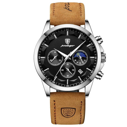 POEDAGAR Men Quartz Watch Luxury Sports Waterproof Chronograph Luminous Date Man Wristwatch Business Leather Men's Watches Clock Blue Wolf Store Silver Black L CN 