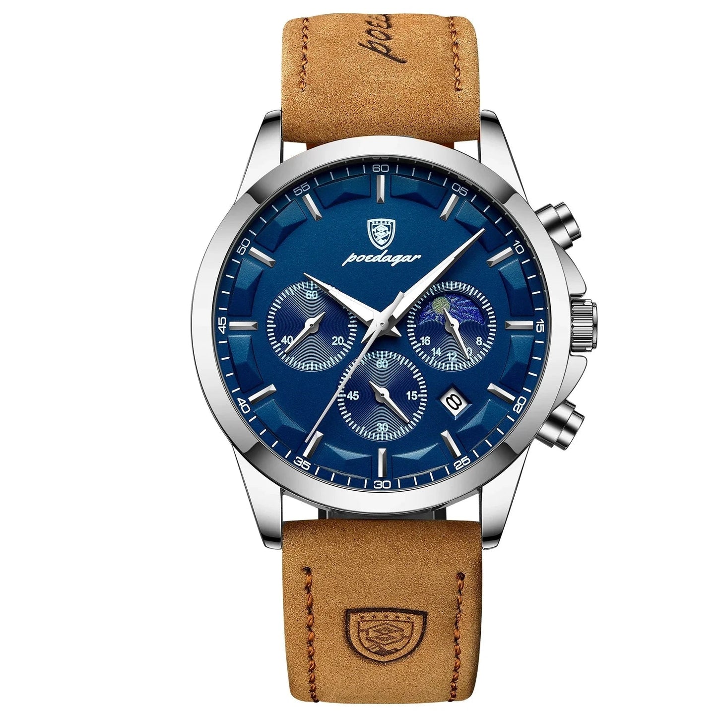 POEDAGAR Men Quartz Watch Luxury Sports Waterproof Chronograph Luminous Date Man Wristwatch Business Leather Men's Watches Clock Blue Wolf Store Silver Blue L CN 