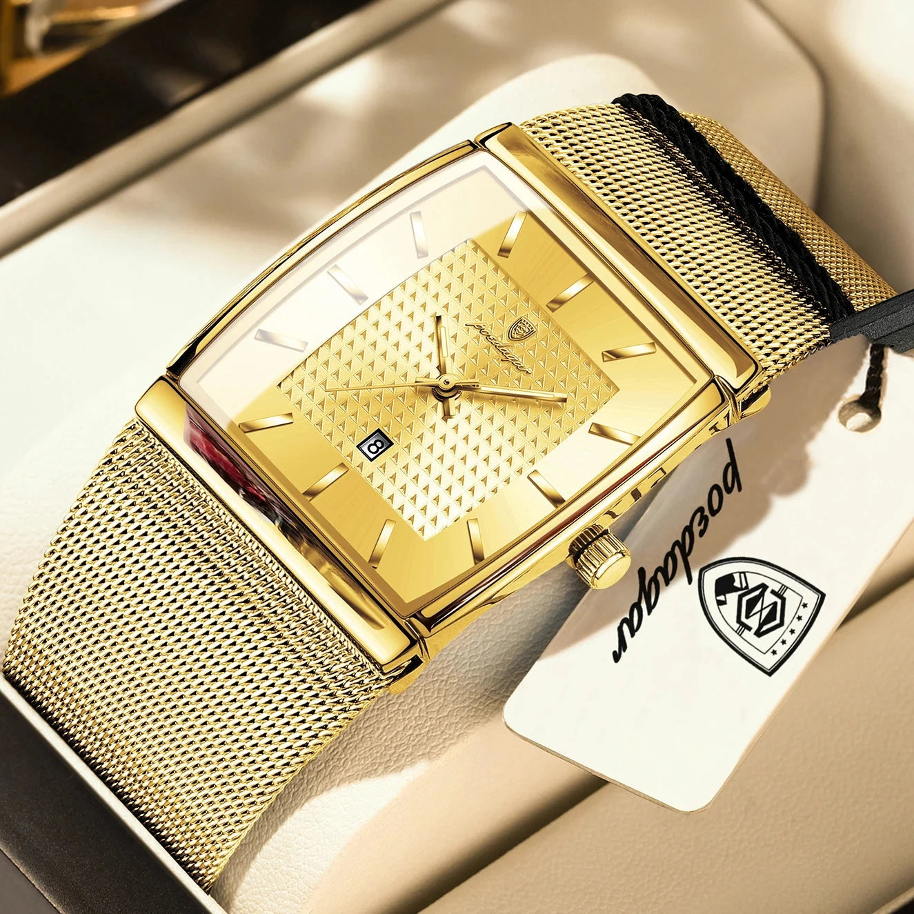POEDAGAR Top Luxury Men Watch Stainless Steel Mesh Date Waterproof Luminous Man Wristwatch Casual Rectangle Quartz Men's Watches Blue Wolf Store 885 Gold Gold 