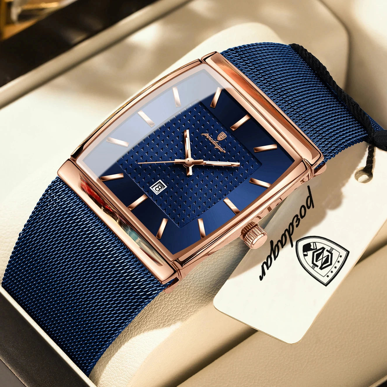POEDAGAR Top Luxury Men Watch Stainless Steel Mesh Date Waterproof Luminous Man Wristwatch Casual Rectangle Quartz Men's Watches Blue Wolf Store 885 RoseGold Blue 