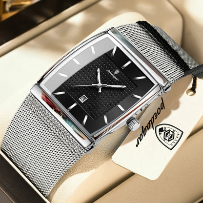 POEDAGAR Top Luxury Men Watch Stainless Steel Mesh Date Waterproof Luminous Man Wristwatch Casual Rectangle Quartz Men's Watches Blue Wolf Store 885 Silver Black 