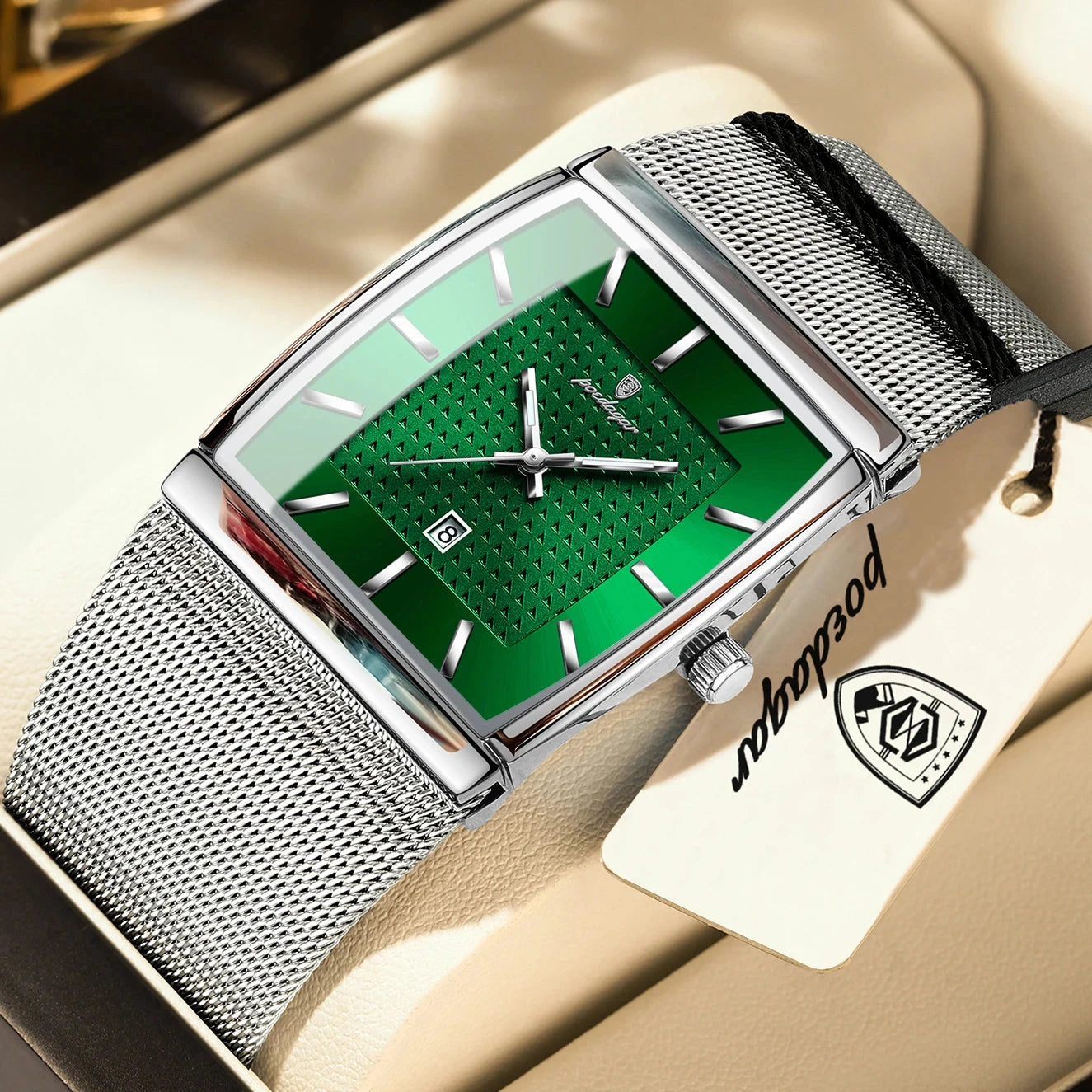 POEDAGAR Top Luxury Men Watch Stainless Steel Mesh Date Waterproof Luminous Man Wristwatch Casual Rectangle Quartz Men's Watches Blue Wolf Store 885 Silver Green 