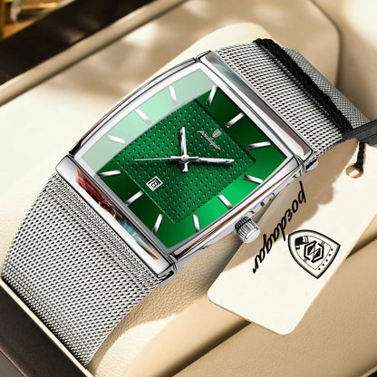 POEDAGAR Top Luxury Men Watch Stainless Steel Mesh Date Waterproof Luminous Man Wristwatch Casual Rectangle Quartz Men's Watches Blue Wolf Store 885 Silver Green 