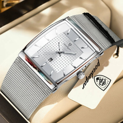 POEDAGAR Top Luxury Men Watch Stainless Steel Mesh Date Waterproof Luminous Man Wristwatch Casual Rectangle Quartz Men's Watches Blue Wolf Store 885 Silver White 