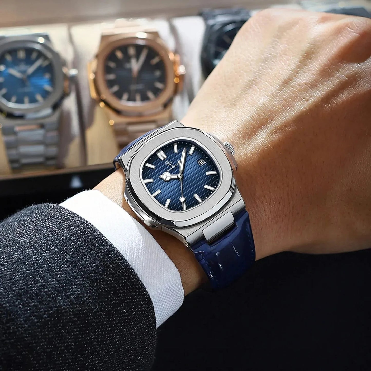 POEDAGAR Top Luxury Square Man Watch Date Waterproof Luminous Men Wristwatch High Quality Leather Men's Quartz Watches+Box Reloj Blue Wolf Store 