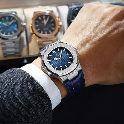 POEDAGAR Top Luxury Square Man Watch Date Waterproof Luminous Men Wristwatch High Quality Leather Men's Quartz Watches+Box Reloj Blue Wolf Store 