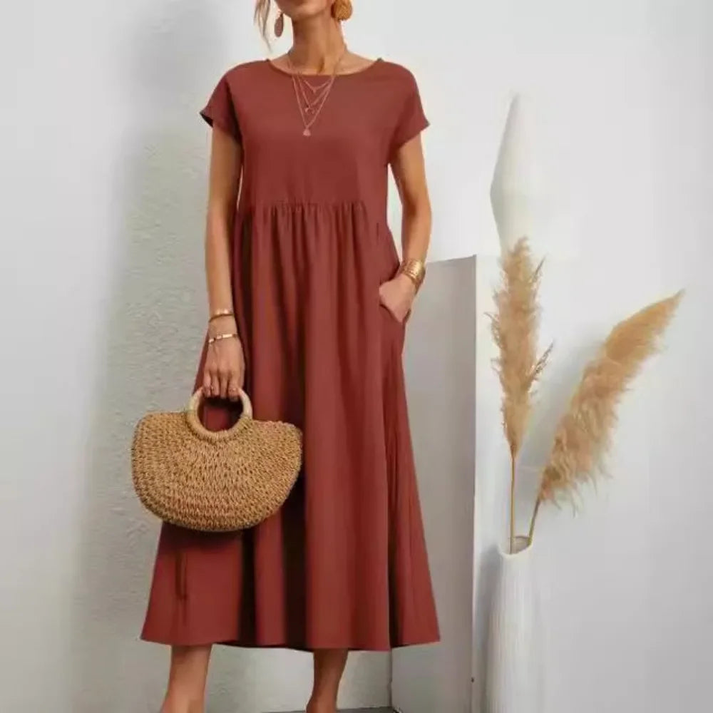 Einfarbiges ärmelloses Kleid aus Baumwolle und Leinen mit lockeren Taschen 