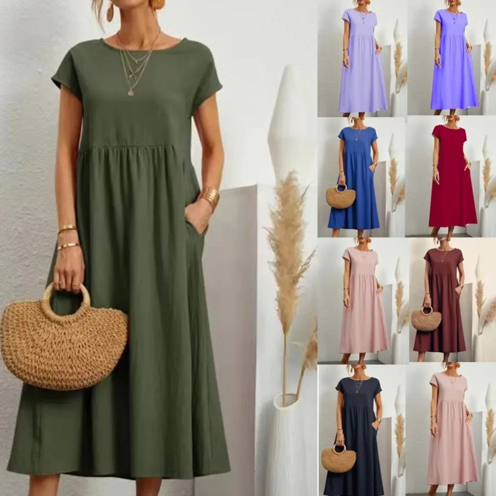 Einfarbiges ärmelloses Kleid aus Baumwolle und Leinen mit lockeren Taschen 