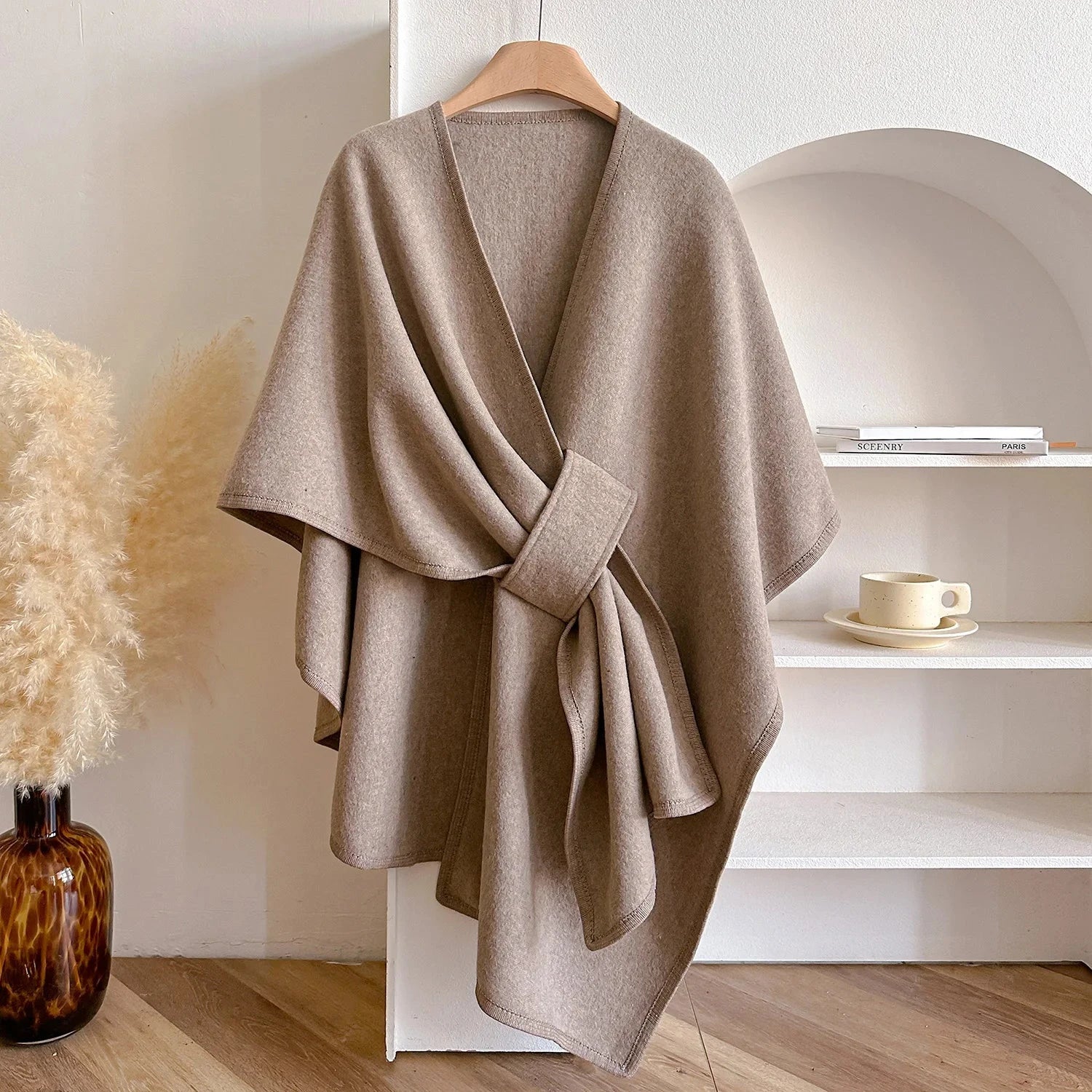 Solid Color Slit Shawl Women's Versatile Fashion Autumn and Winter Warm Decoration Atmosphere Cardigan Blue Wolf Store 
