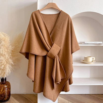 Solid Color Slit Shawl Women's Versatile Fashion Autumn and Winter Warm Decoration Atmosphere Cardigan Blue Wolf Store brownish yellow One Size 