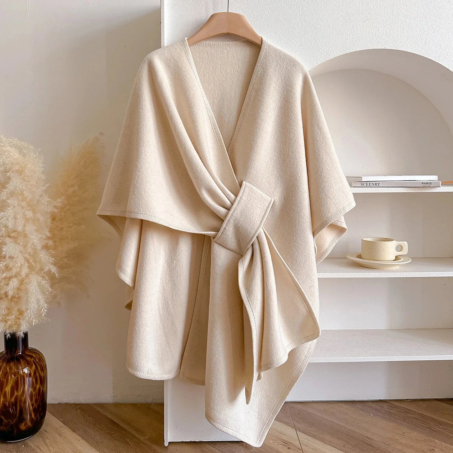 Solid Color Slit Shawl Women's Versatile Fashion Autumn and Winter Warm Decoration Atmosphere Cardigan Blue Wolf Store Off-white One Size 