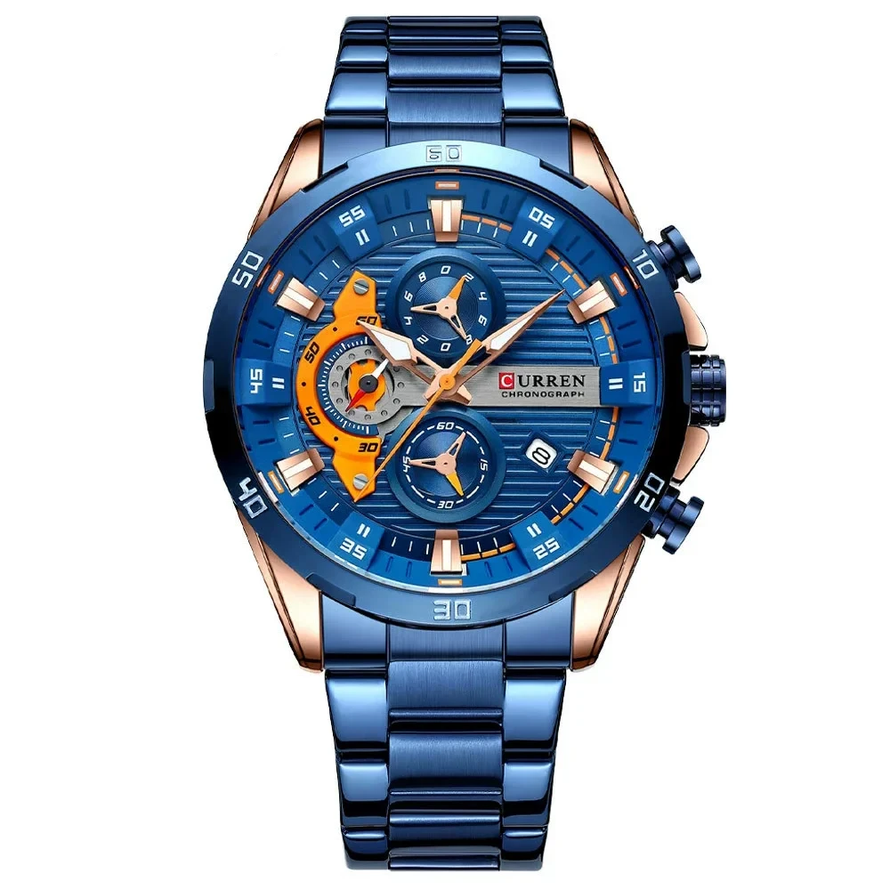 Stainless Steel Watches for Mens Creative Fashion Luminous Dial with Chronograph Clock Male Casual Wristwatches Business Blue Wolf Store 8402 Blue 