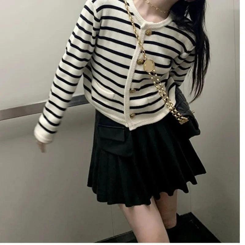 Stripe Knitted Cardigan Women Spring Autumn O-neck Single Breasted Long Sleeve Crop Tops Fashion Casual Chic Female Sweaters Blue Wolf Store 