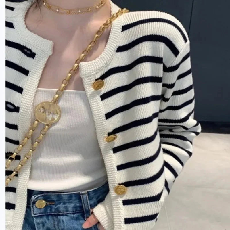Stripe Knitted Cardigan Women Spring Autumn O-neck Single Breasted Long Sleeve Crop Tops Fashion Casual Chic Female Sweaters Blue Wolf Store 