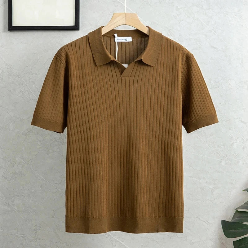 Summer Men's Casual Faionable f Open Collar irt Stand Fit Knitted Silk Luster Versatile Lightweight Busin Blue Wolf Store 2xl Brown 