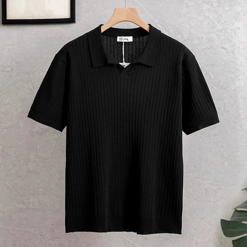 Summer Men's Casual Faionable f Open Collar irt Stand Fit Knitted Silk Luster Versatile Lightweight Busin Blue Wolf Store L Black 