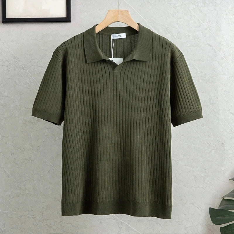 Summer Men's Casual Faionable f Open Collar irt Stand Fit Knitted Silk Luster Versatile Lightweight Busin Blue Wolf Store M Army green 