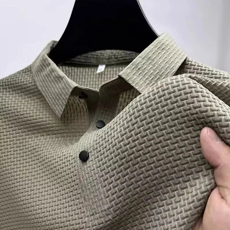 Summer New Men's Lop-up Hollow Short-sleeved Polo Tee Shirt Ice Silk Breathable Business Fashion T-Shirt Male Brand Clothes Blue Wolf Store 